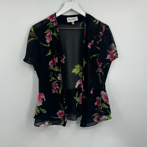 Vintage Y2K Coquette Floral Black Sheer Cardigan Size 12 Whimsical Early 2000s - Picture 2 of 7